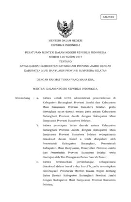 Peraturan Menteri Dalam Negeri Nomor 128 Tahun 2017 Tentang Batas Daerah Kabupaten Batang Hari Pr...